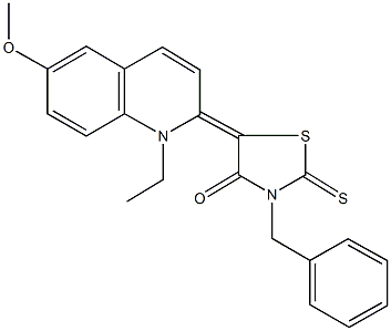 3-benzyl-5-(1-ethyl-6-methoxy-2(1H)-quinolinylidene)-2-thioxo-1,3-thiazolidin-4-one Struktur