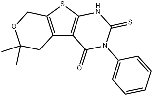 6,6-dimethyl-3-phenyl-2-sulfanyl-3,5,6,8-tetrahydro-4H-pyrano[4',3':4,5]thieno[2,3-d]pyrimidin-4-one Struktur