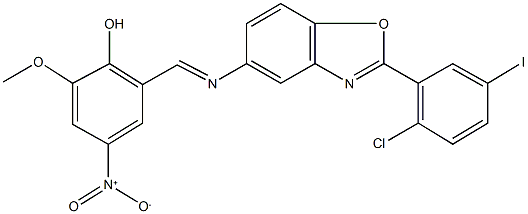 2-({[2-(2-chloro-5-iodophenyl)-1,3-benzoxazol-5-yl]imino}methyl)-4-nitro-6-methoxyphenol Struktur