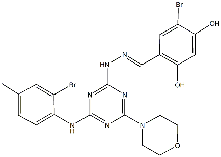 5-bromo-2,4-dihydroxybenzaldehyde {4-[(2-bromo-4-methylphenyl)amino]-6-morpholin-4-yl-1,3,5-triazin-2-yl}hydrazone Struktur