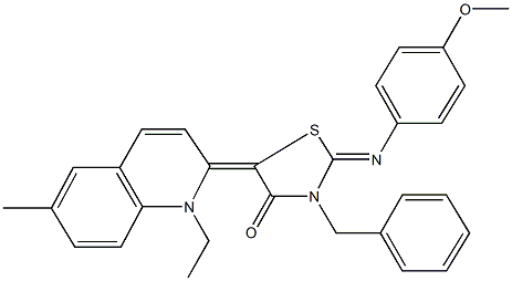 3-benzyl-5-(1-ethyl-6-methyl-2(1H)-quinolinylidene)-2-[(4-methoxyphenyl)imino]-1,3-thiazolidin-4-one Struktur