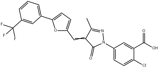 2-chloro-5-[3-methyl-5-oxo-4-({5-[3-(trifluoromethyl)phenyl]-2-furyl}methylene)-4,5-dihydro-1H-pyrazol-1-yl]benzoic acid Struktur