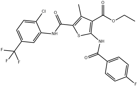 ethyl 5-{[2-chloro-5-(trifluoromethyl)anilino]carbonyl}-2-[(4-fluorobenzoyl)amino]-4-methyl-3-thiophenecarboxylate Struktur