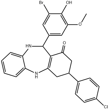 11-(3-bromo-4-hydroxy-5-methoxyphenyl)-3-(4-chlorophenyl)-2,3,4,5,10,11-hexahydro-1H-dibenzo[b,e][1,4]diazepin-1-one Struktur