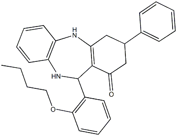 11-(2-butoxyphenyl)-3-phenyl-2,3,4,5,10,11-hexahydro-1H-dibenzo[b,e][1,4]diazepin-1-one Struktur