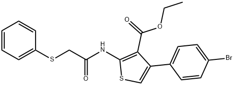 ethyl 4-(4-bromophenyl)-2-{[(phenylsulfanyl)acetyl]amino}-3-thiophenecarboxylate Struktur