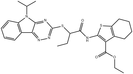 ethyl 2-({2-[(5-isopropyl-5H-[1,2,4]triazino[5,6-b]indol-3-yl)sulfanyl]butanoyl}amino)-4,5,6,7-tetrahydro-1-benzothiophene-3-carboxylate Struktur