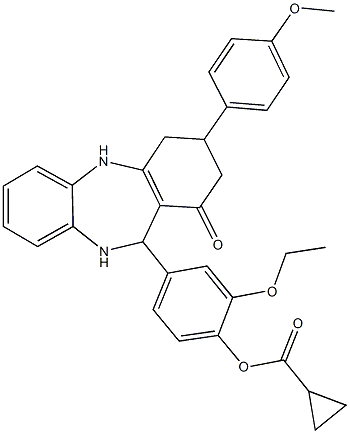 2-ethoxy-4-[3-(4-methoxyphenyl)-1-oxo-2,3,4,5,10,11-hexahydro-1H-dibenzo[b,e][1,4]diazepin-11-yl]phenyl cyclopropanecarboxylate Struktur