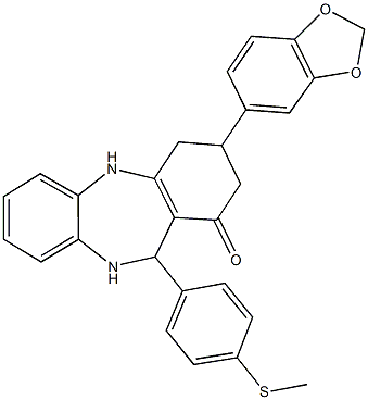 3-(1,3-benzodioxol-5-yl)-11-[4-(methylsulfanyl)phenyl]-2,3,4,5,10,11-hexahydro-1H-dibenzo[b,e][1,4]diazepin-1-one Struktur