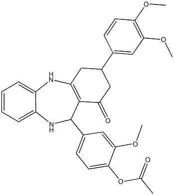 4-[3-(3,4-dimethoxyphenyl)-1-oxo-2,3,4,5,10,11-hexahydro-1H-dibenzo[b,e][1,4]diazepin-11-yl]-2-methoxyphenyl acetate Struktur