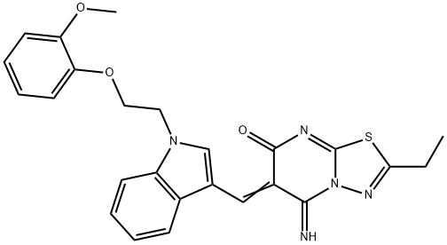 2-ethyl-5-imino-6-({1-[2-(2-methoxyphenoxy)ethyl]-1H-indol-3-yl}methylene)-5,6-dihydro-7H-[1,3,4]thiadiazolo[3,2-a]pyrimidin-7-one Struktur