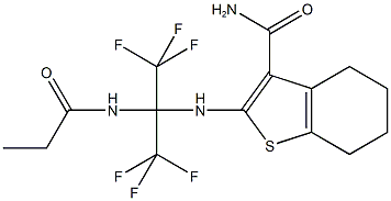 2-{[2,2,2-trifluoro-1-(propionylamino)-1-(trifluoromethyl)ethyl]amino}-4,5,6,7-tetrahydro-1-benzothiophene-3-carboxamide Struktur