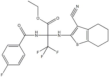 ethyl 2-[(3-cyano-4,5,6,7-tetrahydro-1-benzothiophen-2-yl)amino]-3,3,3-trifluoro-2-[(4-fluorobenzoyl)amino]propanoate Struktur