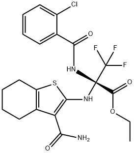 ethyl 2-{[3-(aminocarbonyl)-4,5,6,7-tetrahydro-1-benzothien-2-yl]amino}-2-[(2-chlorobenzoyl)amino]-3,3,3-trifluoropropanoate Struktur