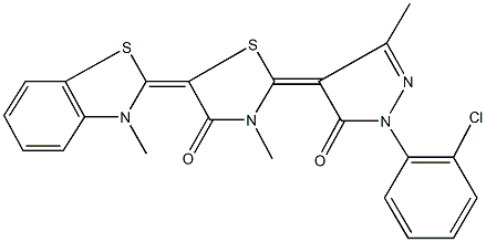 2-[1-(2-chlorophenyl)-3-methyl-5-oxo-1,5-dihydro-4H-pyrazol-4-ylidene]-3-methyl-5-(3-methyl-1,3-benzothiazol-2(3H)-ylidene)-1,3-thiazolidin-4-one Struktur