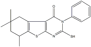 6,6,8-trimethyl-3-phenyl-2-sulfanyl-5,6,7,8-tetrahydro[1]benzothieno[2,3-d]pyrimidin-4(3H)-one Struktur