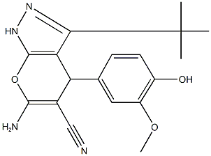 6-amino-3-(tert-butyl)-4-(4-hydroxy-3-methoxyphenyl)-1,4-dihydropyrano[2,3-c]pyrazole-5-carbonitrile Struktur