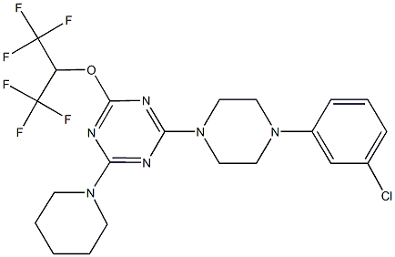 2-[4-(3-chlorophenyl)-1-piperazinyl]-4-(1-piperidinyl)-6-[2,2,2-trifluoro-1-(trifluoromethyl)ethoxy]-1,3,5-triazine Struktur