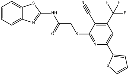 N-(1,3-benzothiazol-2-yl)-2-{[3-cyano-6-(2-thienyl)-4-(trifluoromethyl)-2-pyridinyl]sulfanyl}acetamide Struktur