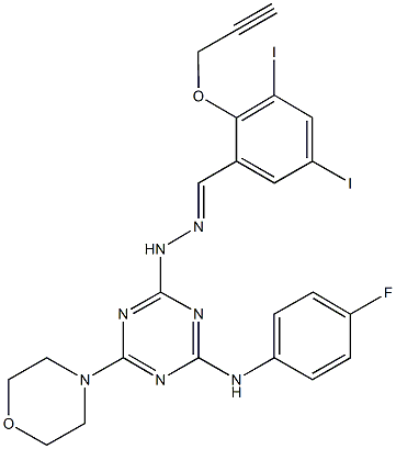 3,5-diiodo-2-(2-propynyloxy)benzaldehyde [4-(4-fluoroanilino)-6-(4-morpholinyl)-1,3,5-triazin-2-yl]hydrazone Struktur