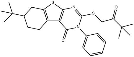 7-tert-butyl-2-[(3,3-dimethyl-2-oxobutyl)sulfanyl]-3-phenyl-5,6,7,8-tetrahydro[1]benzothieno[2,3-d]pyrimidin-4(3H)-one Struktur