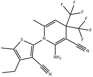 2-amino-1-(3-cyano-4-ethyl-5-methylthien-2-yl)-6-methyl-4,4-bis(trifluoromethyl)-1,4-dihydropyridine-3-carbonitrile Struktur