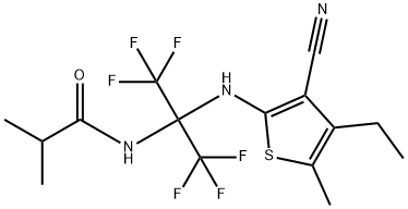 N-[1-[(3-cyano-4-ethyl-5-methyl-2-thienyl)amino]-2,2,2-trifluoro-1-(trifluoromethyl)ethyl]-2-methylpropanamide Struktur