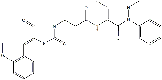 N-(1,5-dimethyl-3-oxo-2-phenyl-2,3-dihydro-1H-pyrazol-4-yl)-3-[5-(2-methoxybenzylidene)-4-oxo-2-thioxo-1,3-thiazolidin-3-yl]propanamide Struktur