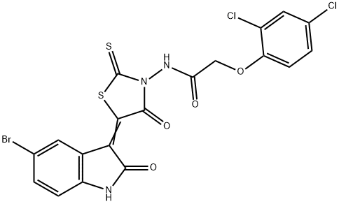 N-[5-(5-bromo-2-oxo-1,2-dihydro-3H-indol-3-ylidene)-4-oxo-2-thioxo-1,3-thiazolidin-3-yl]-2-(2,4-dichlorophenoxy)acetamide Struktur