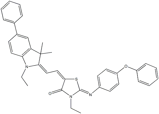 3-ethyl-5-[2-(1-ethyl-3,3-dimethyl-5-phenyl-1,3-dihydro-2H-indol-2-ylidene)ethylidene]-2-[(4-phenoxyphenyl)imino]-1,3-thiazolidin-4-one Struktur