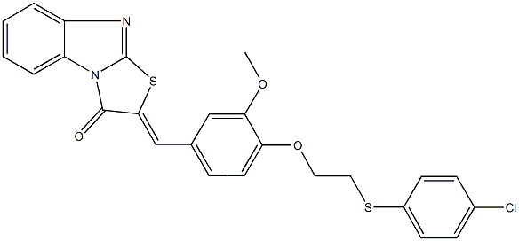 2-(4-{2-[(4-chlorophenyl)sulfanyl]ethoxy}-3-methoxybenzylidene)[1,3]thiazolo[3,2-a]benzimidazol-3(2H)-one Struktur