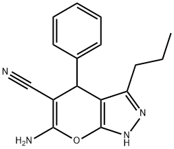 6-amino-4-phenyl-3-propyl-2,4-dihydropyrano[2,3-c]pyrazole-5-carbonitrile Struktur