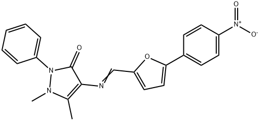 4-{[(5-{4-nitrophenyl}-2-furyl)methylene]amino}-1,5-dimethyl-2-phenyl-1,2-dihydro-3H-pyrazol-3-one Struktur