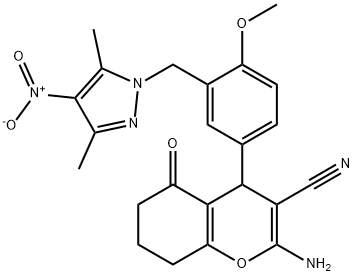 2-amino-4-{3-[(3,5-dimethyl-4-nitro-1H-pyrazol-1-yl)methyl]-4-methoxyphenyl}-5-oxo-5,6,7,8-tetrahydro-4H-chromene-3-carbonitrile Struktur