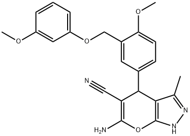 6-amino-4-{4-methoxy-3-[(3-methoxyphenoxy)methyl]phenyl}-3-methyl-1,4-dihydropyrano[2,3-c]pyrazole-5-carbonitrile Struktur