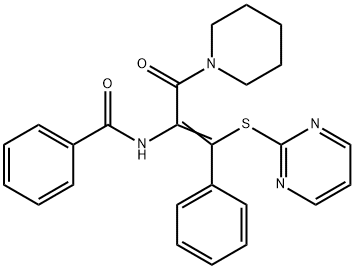 N-[2-phenyl-1-(1-piperidinylcarbonyl)-2-(2-pyrimidinylsulfanyl)vinyl]benzamide Struktur