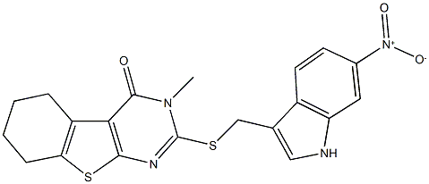 2-[({6-nitro-1H-indol-3-yl}methyl)sulfanyl]-3-methyl-5,6,7,8-tetrahydro[1]benzothieno[2,3-d]pyrimidin-4(3H)-one Struktur