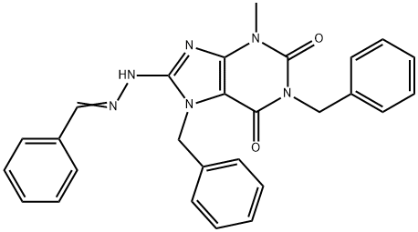 benzaldehyde [3-methyl-2,6-dioxo-1,7-bis(phenylmethyl)-2,3,6,7-tetrahydro-1H-purin-8-yl]hydrazone Struktur