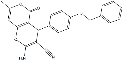 2-amino-4-[4-(benzyloxy)phenyl]-7-methyl-5-oxo-4H,5H-pyrano[4,3-b]pyran-3-carbonitrile Struktur