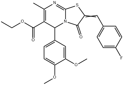 ethyl 5-(3,4-dimethoxyphenyl)-2-(4-fluorobenzylidene)-7-methyl-3-oxo-2,3-dihydro-5H-[1,3]thiazolo[3,2-a]pyrimidine-6-carboxylate Struktur