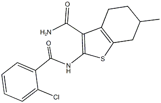 2-[(2-chlorobenzoyl)amino]-6-methyl-4,5,6,7-tetrahydro-1-benzothiophene-3-carboxamide Struktur