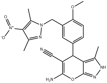 6-amino-4-[3-({4-nitro-3,5-dimethyl-1H-pyrazol-1-yl}methyl)-4-methoxyphenyl]-3-methyl-1,4-dihydropyrano[2,3-c]pyrazole-5-carbonitrile Struktur