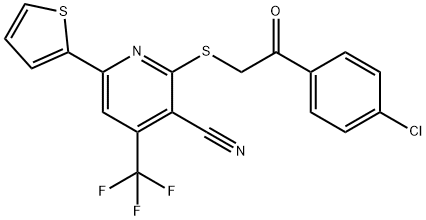 2-{[2-(4-chlorophenyl)-2-oxoethyl]sulfanyl}-6-(2-thienyl)-4-(trifluoromethyl)nicotinonitrile Struktur