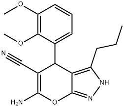 6-amino-4-(2,3-dimethoxyphenyl)-3-propyl-1,4-dihydropyrano[2,3-c]pyrazole-5-carbonitrile Struktur