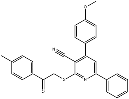 4-(4-methoxyphenyl)-2-{[2-(4-methylphenyl)-2-oxoethyl]sulfanyl}-6-phenylnicotinonitrile Struktur