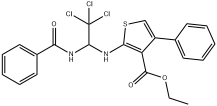 ethyl 2-{[1-(benzoylamino)-2,2,2-trichloroethyl]amino}-4-phenyl-3-thiophenecarboxylate Struktur