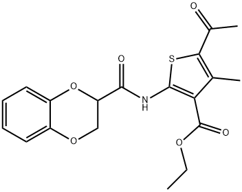 ethyl 5-acetyl-2-[(2,3-dihydro-1,4-benzodioxin-2-ylcarbonyl)amino]-4-methyl-3-thiophenecarboxylate Struktur