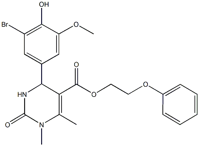 2-phenoxyethyl 4-(3-bromo-4-hydroxy-5-methoxyphenyl)-1,6-dimethyl-2-oxo-1,2,3,4-tetrahydro-5-pyrimidinecarboxylate Struktur