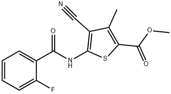 methyl 4-cyano-5-[(2-fluorobenzoyl)amino]-3-methyl-2-thiophenecarboxylate Struktur