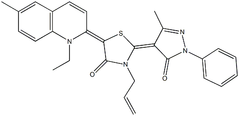 3-allyl-5-(1-ethyl-6-methyl-2(1H)-quinolinylidene)-2-(3-methyl-5-oxo-1-phenyl-1,5-dihydro-4H-pyrazol-4-ylidene)-1,3-thiazolidin-4-one Struktur